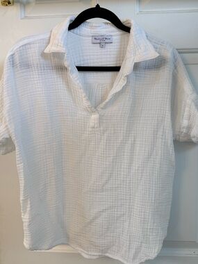 Michael Stars White Textured Gauze Polo Top